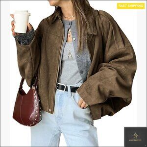 Oversized Faux Suede Bomber Jacket Long Sleeve Zipper Casual Outerwear